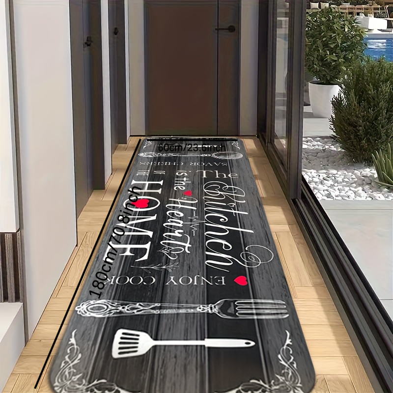 TEMU 1pc "kitchen Is Of Home" Creative Runner Mat With Utensil Pattern And Warm Slogan Design, Indoor/outdoor Entryway Mat, Modern Porch Decor, 1.2cm
