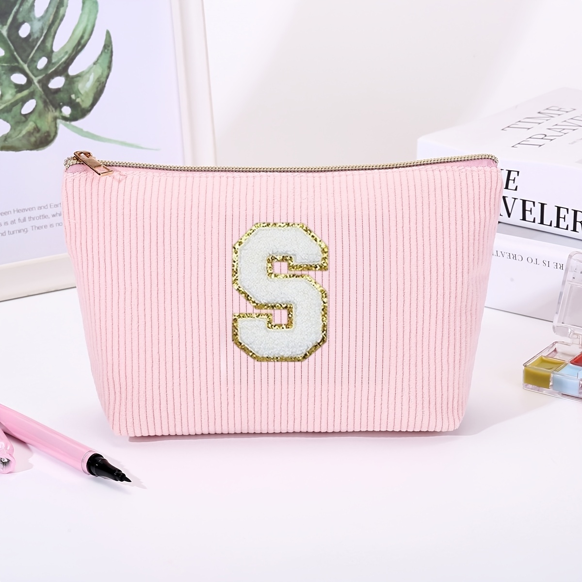 TEMU Large Capacity Initials A- Bag Suitable For Women &, Embroidered Monogram Cosmetic With Initial Letter Chart, Travel School Supplies, Gift For,