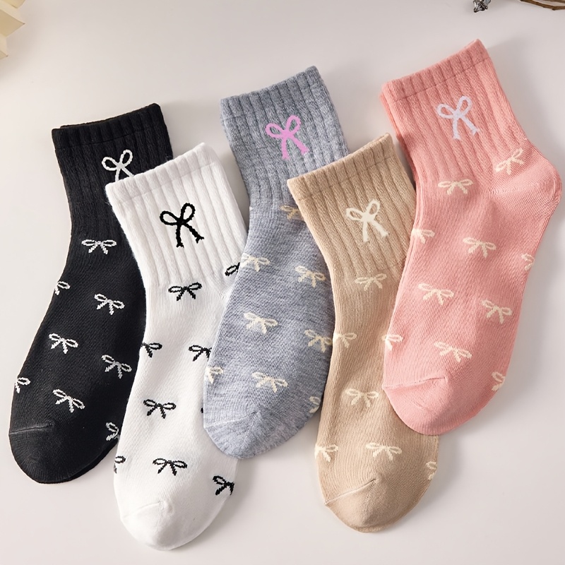 TEMU 5 Pairs Of Women' Color Bow-patterned Ankle Socks, Bow-decorated Comfortable No-show Socks, Suitable For