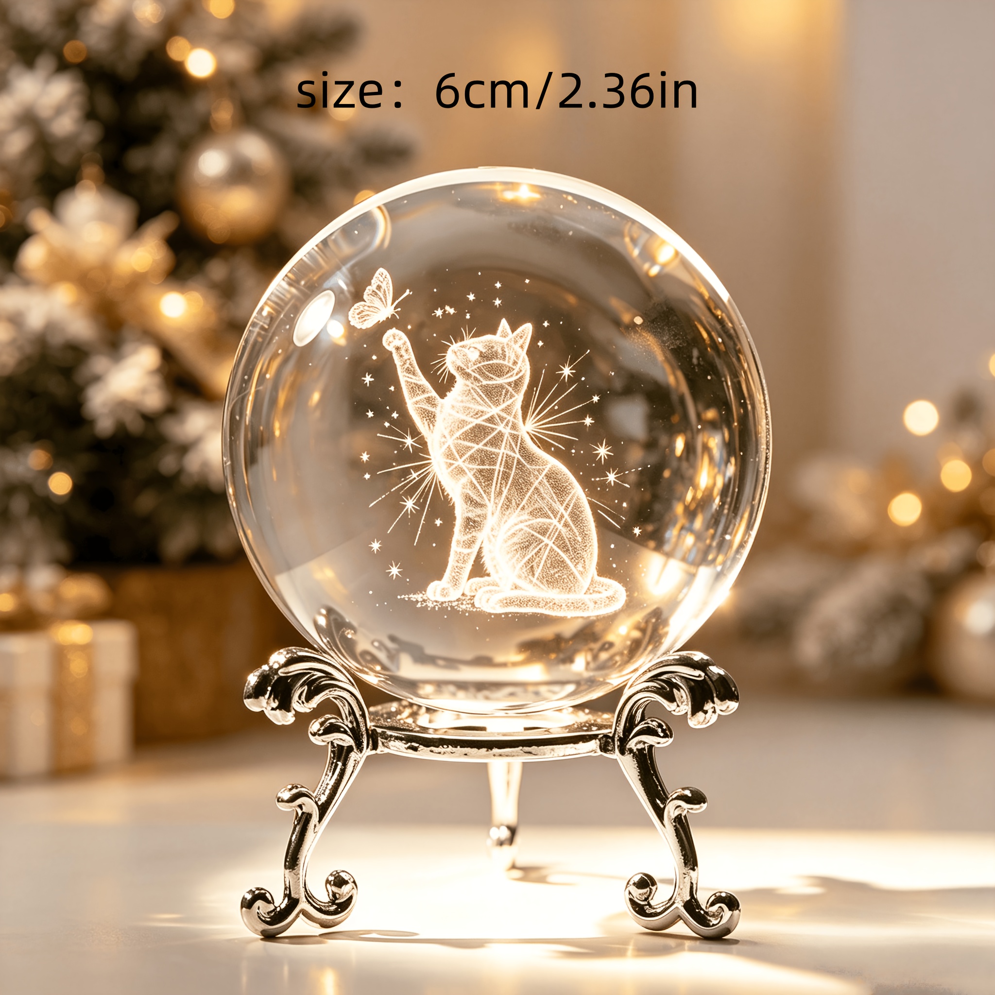 TEMU 3d Inner-carved Cat And Crystal Ball Ornament With Metal Stand, -themed Desktop Decoration, Birthday Gift
