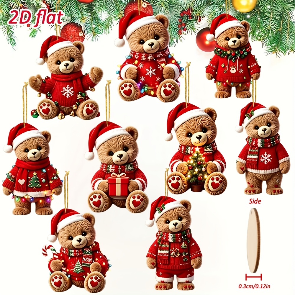 TEMU [2D Flat] Set di 9 ornamenti in legno a forma di orsetto di peluche a tema natalizio, decorazioni per le feste di Natale, ornamenti in legno 2D