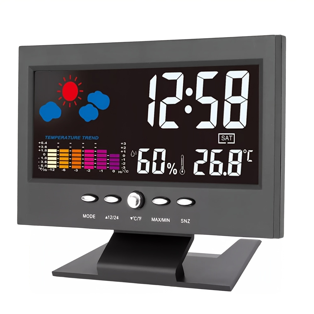 TEMU 4.53-inch Voice-controlled Digital Weather Clock With Large Backlit Color Screen, Temperature & Humidity Display, Calendar Function - Usb-powered, Sleek Rectangular Design For Bedside Or Desk