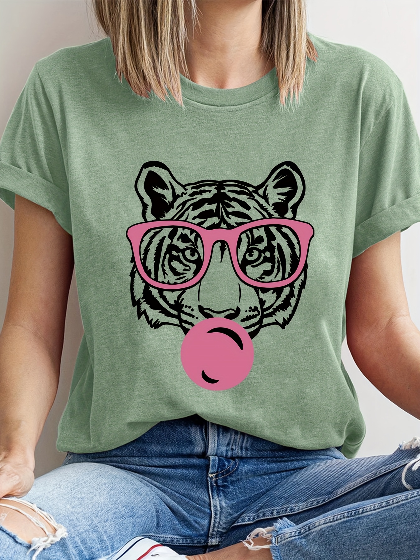 casual dames t shirt met korte mouwen speelse tijgergezicht - Temu  Netherlands, image size:800x1067