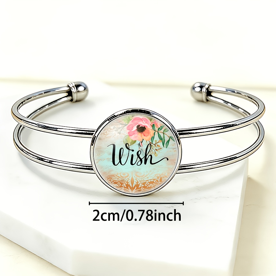 Adjustable Open Bangle with Round Time Gem Inlay, Wish Pattern