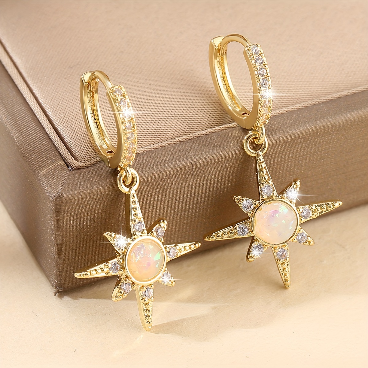 Image of 1 Pair Of Luxurious Temperament Copper Inlaid Synthetic Zirconia -pointed Star Pendant Earrings Elegant Retro Opal Women's Earrings Dating Gift