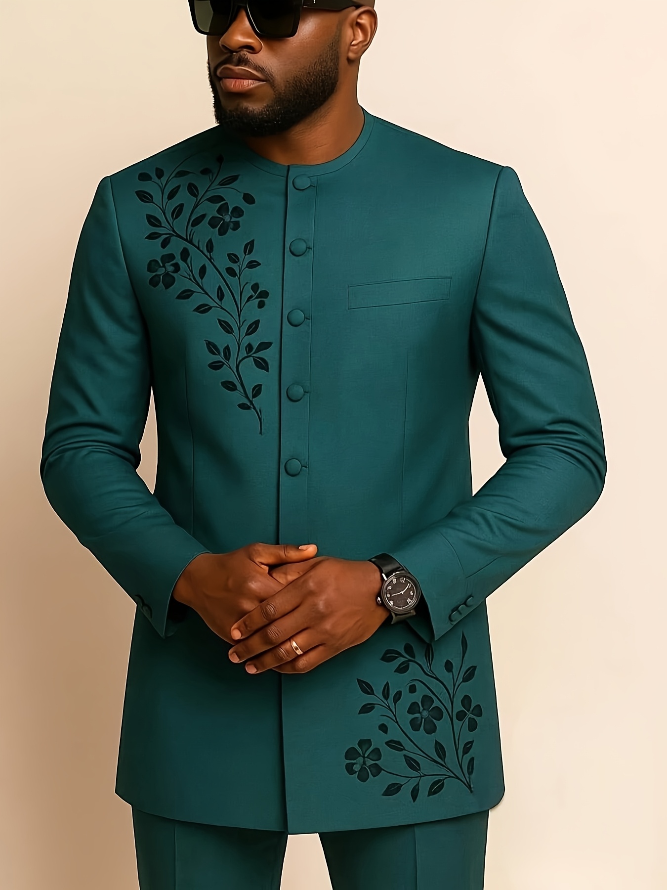 Men'S Casual 2pcs Set, Embroidered, Round Neck, Button, Pocket, Long Sleeved Top+Drawstring Elastic Pants, Fashionable Outfit for Parties, Weddings, Holidays, All Season New Styles 1 Set