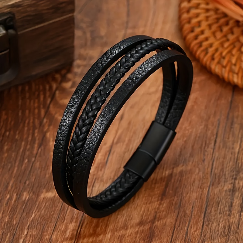 Image of Men' Leather Bracelet, Double Layer Braided Design With & Stylish Retro Accessory For Business, Casual, And Streetwear, Business Accessory, Minimalist Clasp, Durable Wristwear