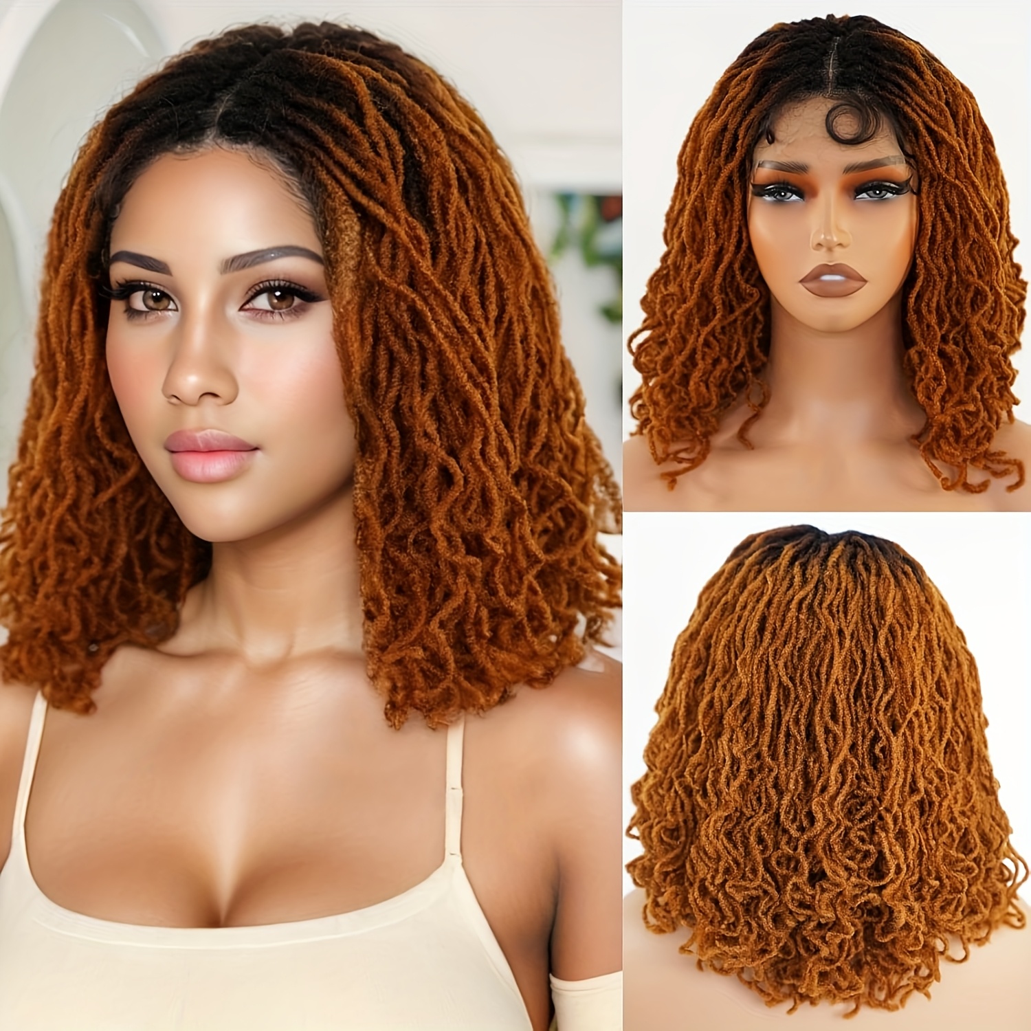 TEMU Short Curly Locs Full Lace Wig Double Lace Wig 14 Inch Natural Black Double Lace Large Parting Space Twist Dreadlock Wigs For Women Afro Curly Braided Synthetic Wig (blonde 1b30) Latest Style