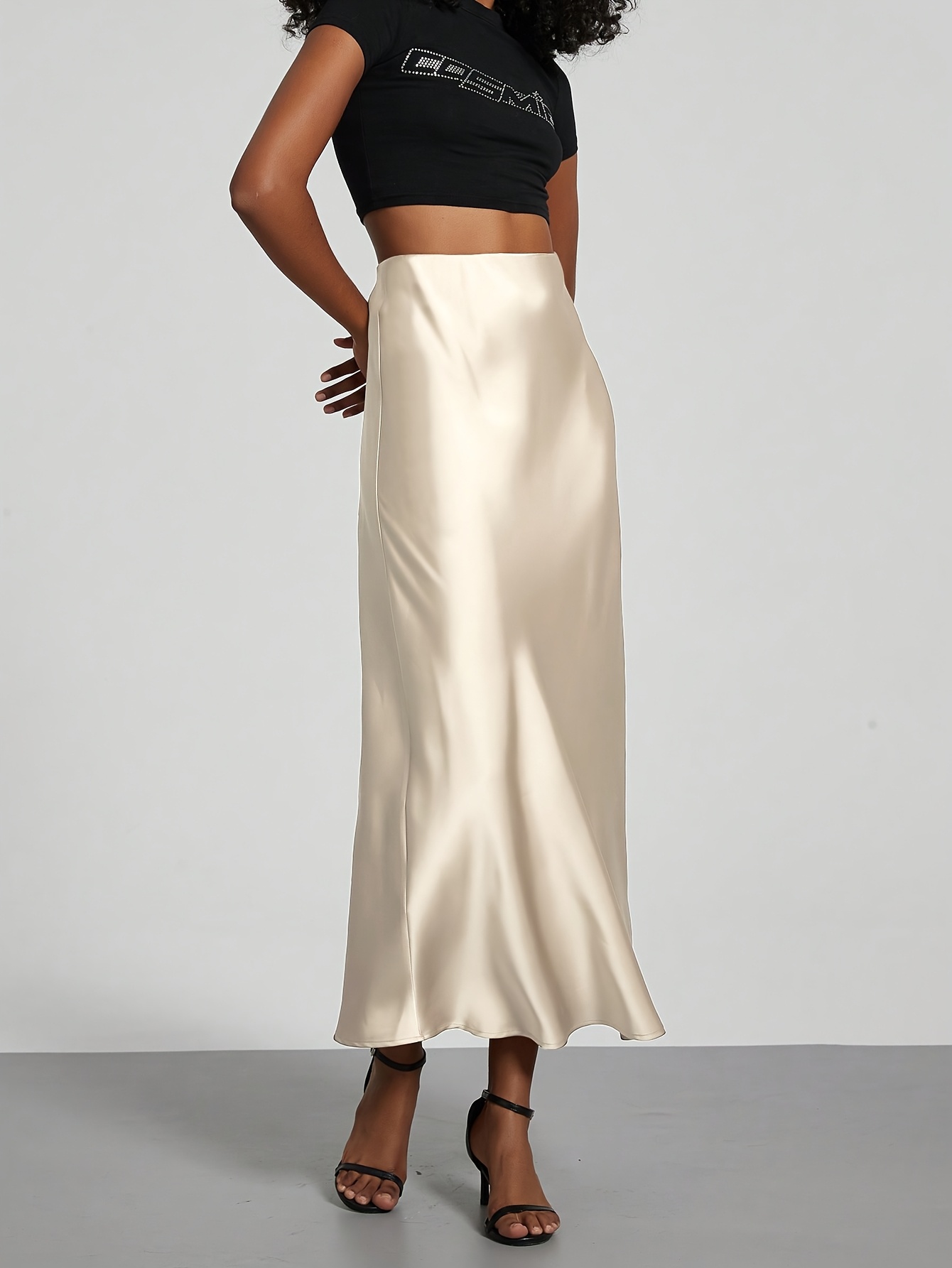 womens elegant beige satin midi skirt high waisted flowing Temu