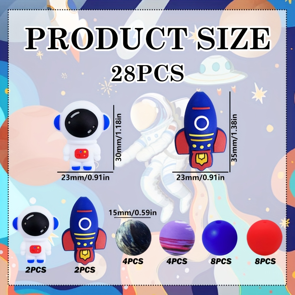 TEMU 28pcs Cuentas de Silicona Astronauta Cuentas Sueltas con Forma de Silicona Impresión Azul Cuentas Redondas, Adecuadas para Decoración de Joyería