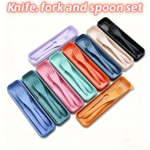 3 in 1 knife fork and spoon cutlery set 12 colors reusable with storage box outdoor travel lightweight tableware suitable for travel work school picnic camping daily use