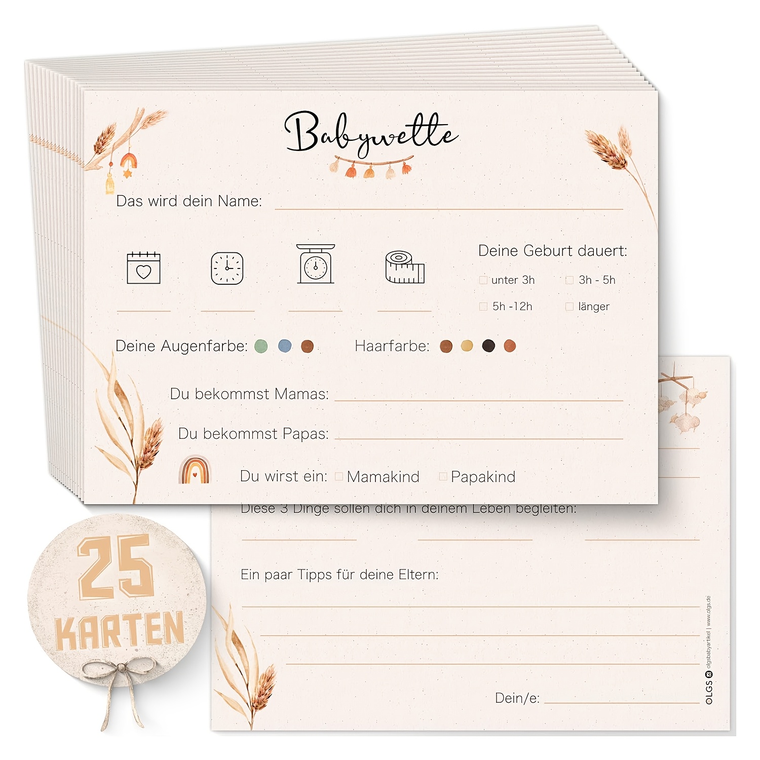Image of 25 Sheets/pack German Welcome Baby Shower Game Cards, Baby Guessing Double-sided Cards, Front Guessing Baby Information, Back Writing , Baby Birth Prediction Card, Newborn Message Card