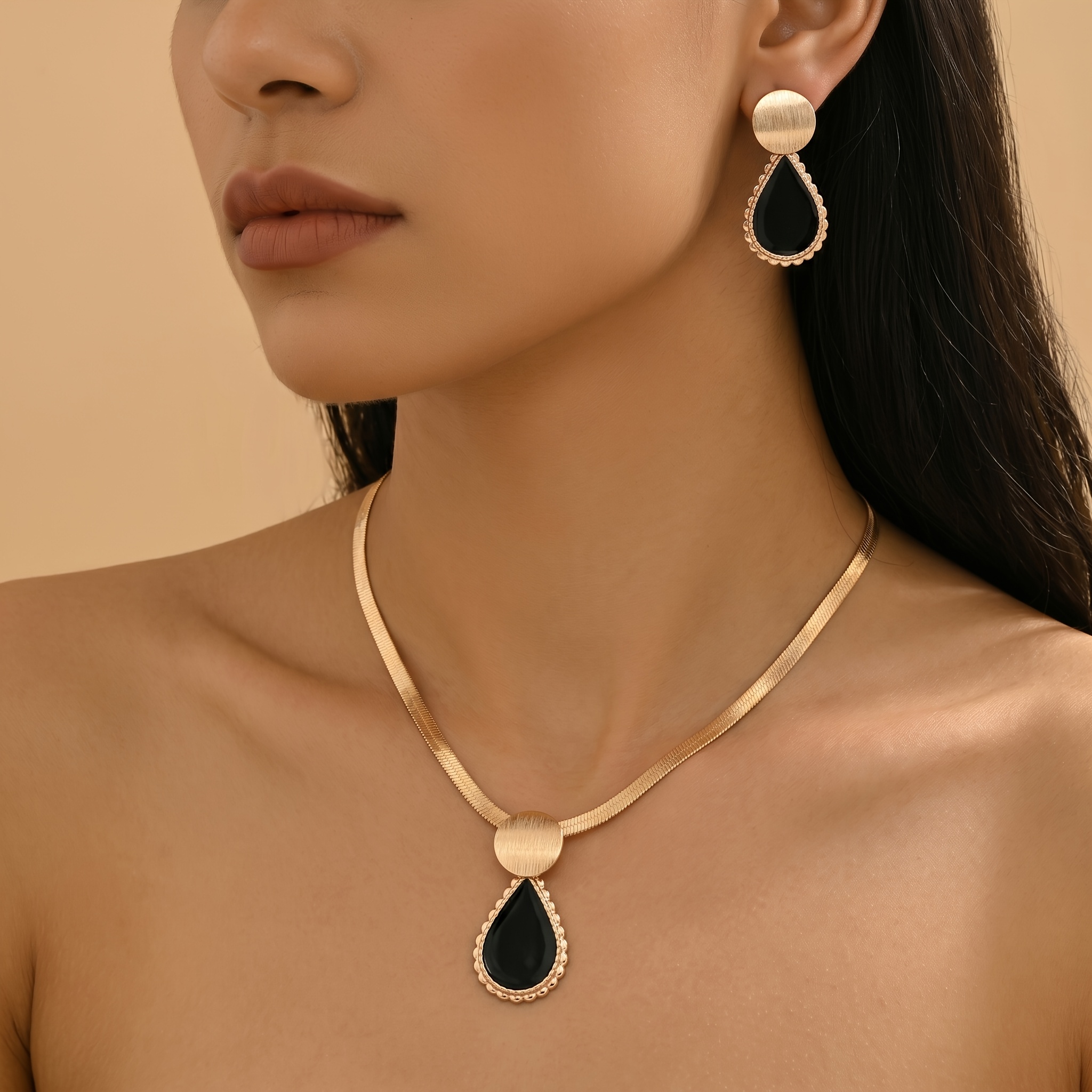 TEMU 2pcs Set Women's Brushed Round Patch Lace Trim Water Drop Black Decorative Patch Pendant Necklace Matching Double Layer Round Water Drop Spring