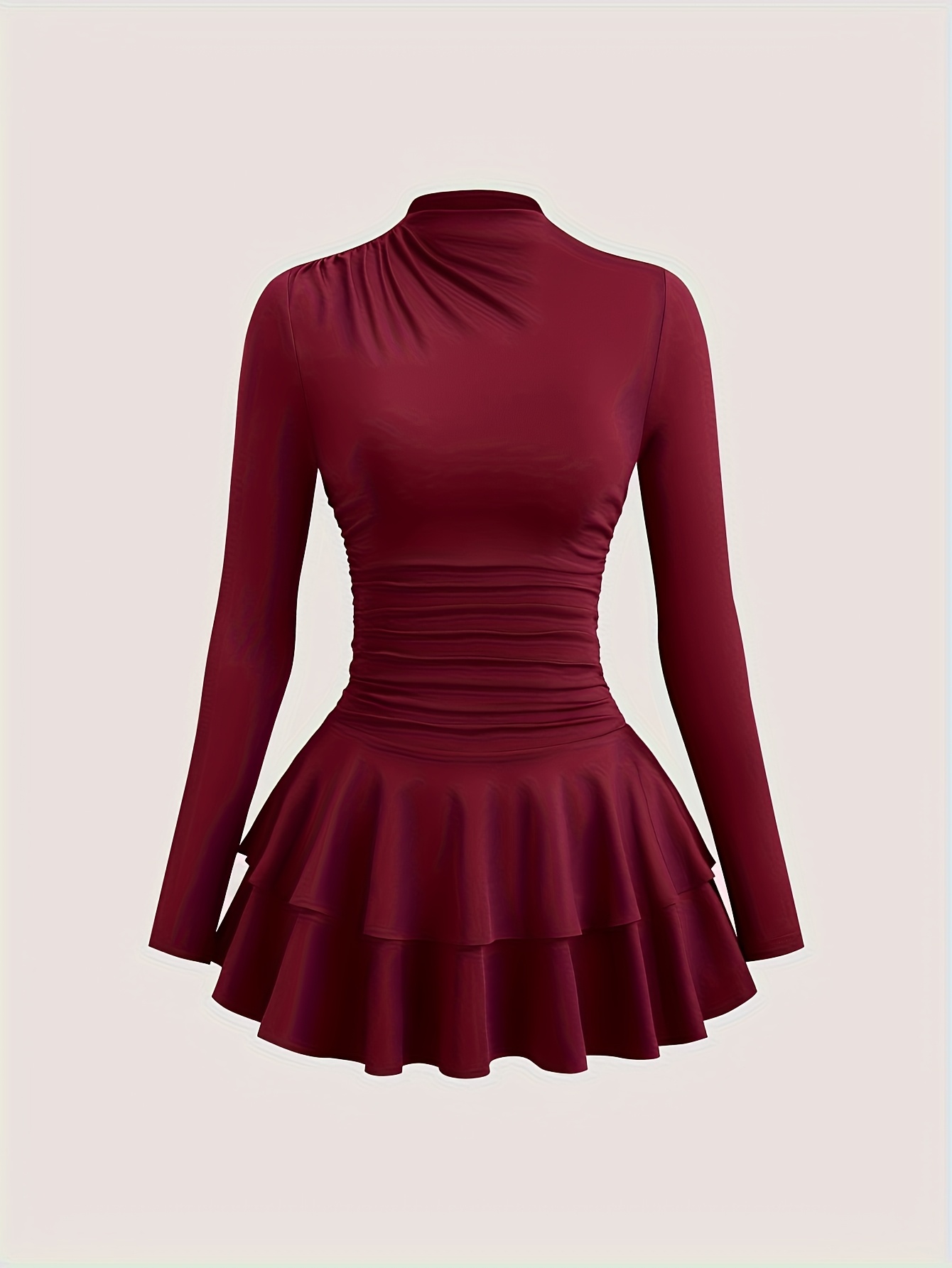 womens red long sleeve high neck ruched waist vintage dress - Temu United  Arab Emirates