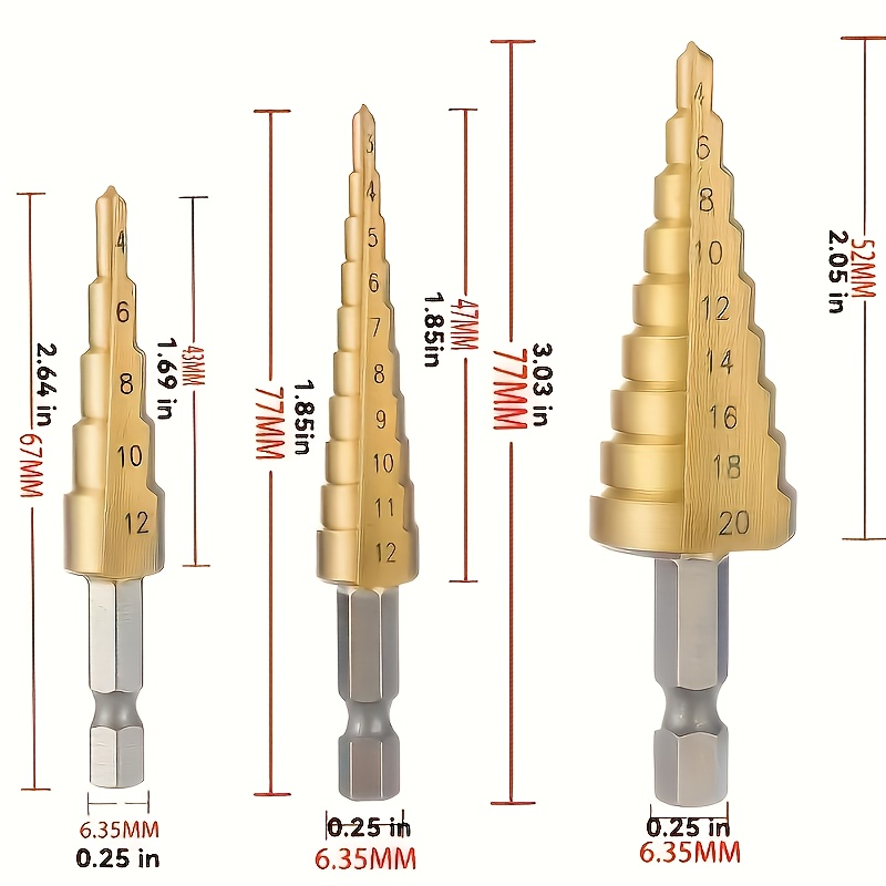 TEMU Set Of Hss Step Drill Bits With A Titanium Coating In Various Sizes - Ideal For Precise Drilling In Wood And Metal, Offering And .