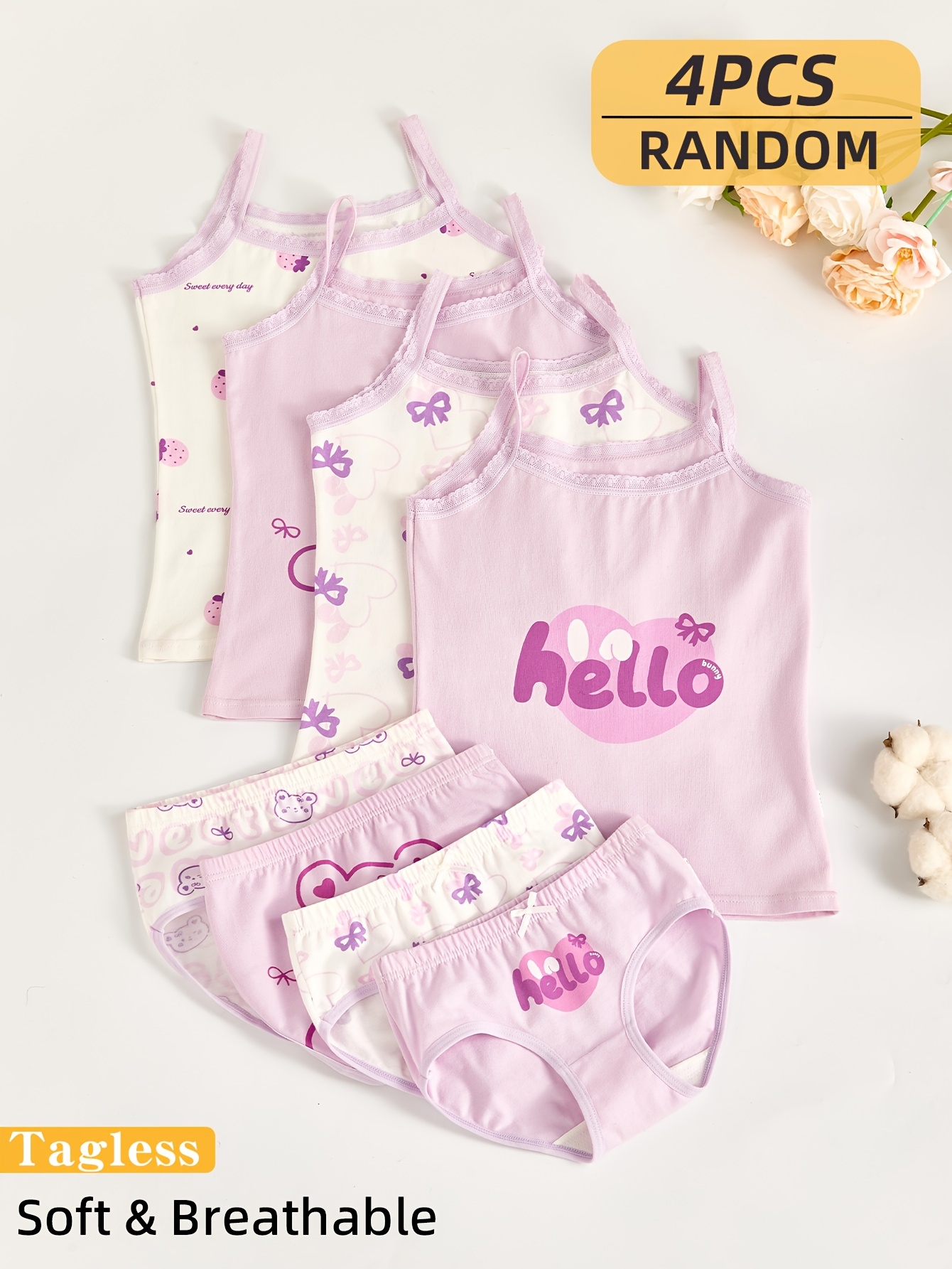random 4 piece girls camisole and panty set cute cartoon print design double layer gusset for   elastic soft and comfortable waistband round neck camisole non choking lightweight and breathable fabric suitable for   mgd
