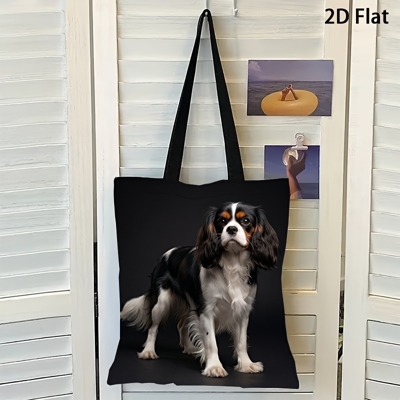TEMU 2d Flat Printing, 1pc Canvas Bag, King Charles Spaniel Large Capacity, With Handle Tote Bag, For Beach, School, Supermarket, Tote Bag, Water