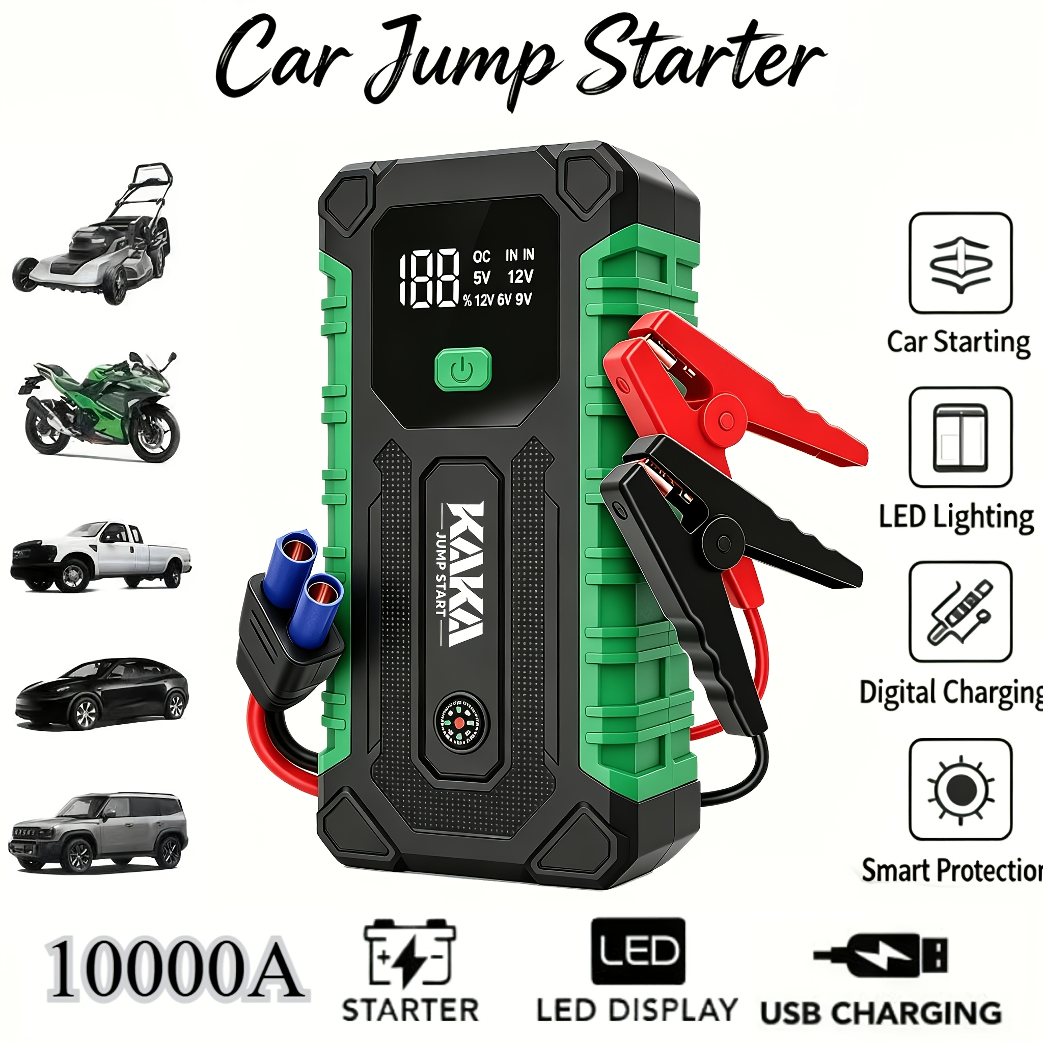 TEMU Kaka Portable Car Jump Starter, Car Battery Booster With Lcd Display And Led Light, Type-c Fast Charging, Suitable For Sedans Suvs Trucks,