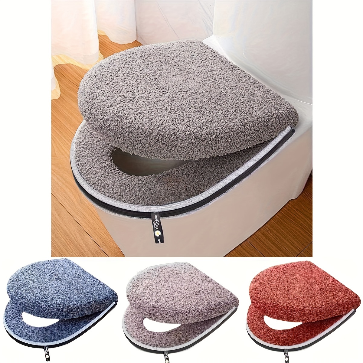 

Two-piece Set Of -color Blue, Gray And Red Toilet Cover - Including Toilet Seat Cover And Toilet Ring Cover