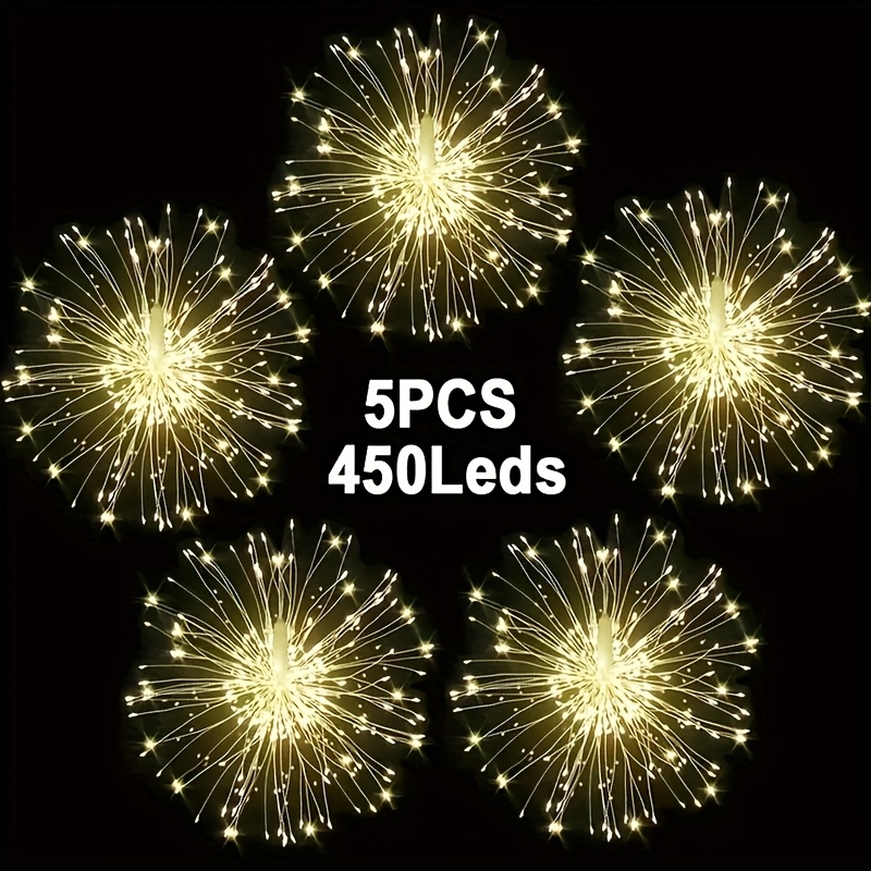 TEMU 4/5pcs Hanging Solar Powered Outdoor Firework Lights, 360/450 Led Sparkling Starburst Sphere Lights, Warm White/multicolor/white, 8 Copper Wire