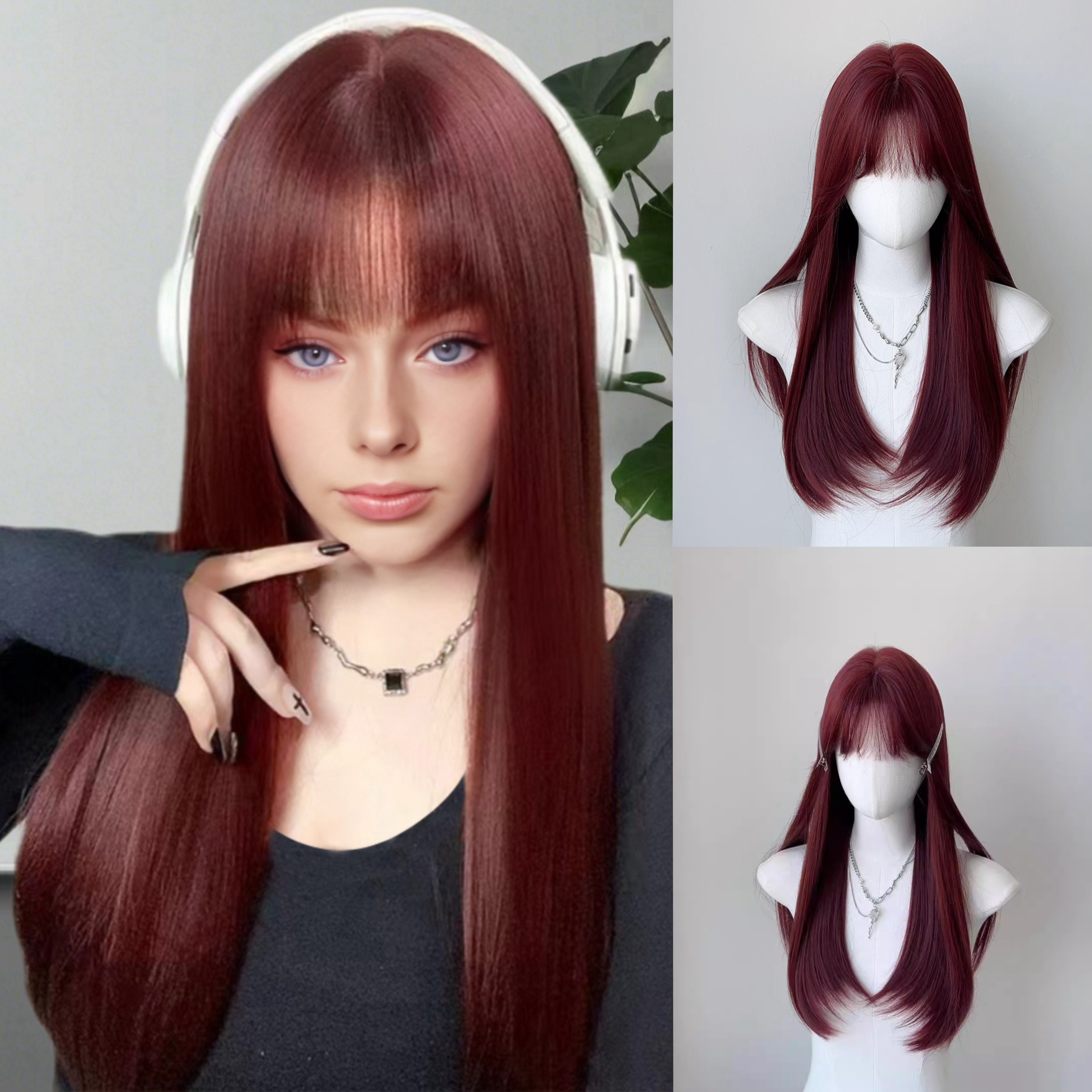 

Long Straight Wig With Bangs Synthetic Clip In Hair Extensions Elegant Natural Looking For Daily Accessories