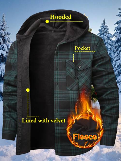 mens loose wrinkle resistant plus thick flannel shirt jacket autumn and winter color retro workwear style hooded jacket outdoor commuting leisure trend gift for boyfriend on valentines day