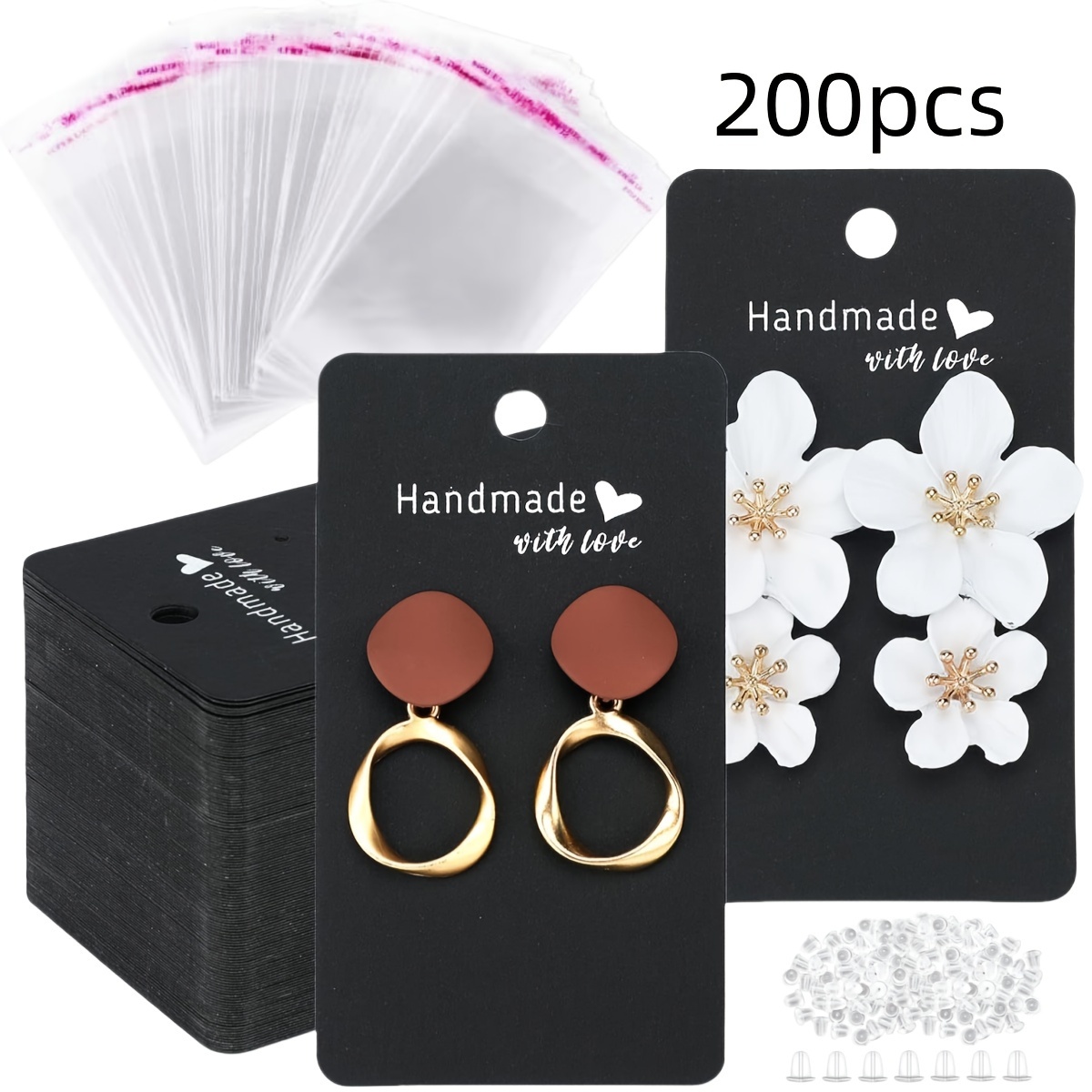 TEMU 200pcs Earring Display Card Kit, Includes 50pcs Handmade Love Earring Card Earring Stand Card, 50pcs Self-sealing Bags And 100pcs Rubber Earring Backs For , Jewelry, Business (50+50)