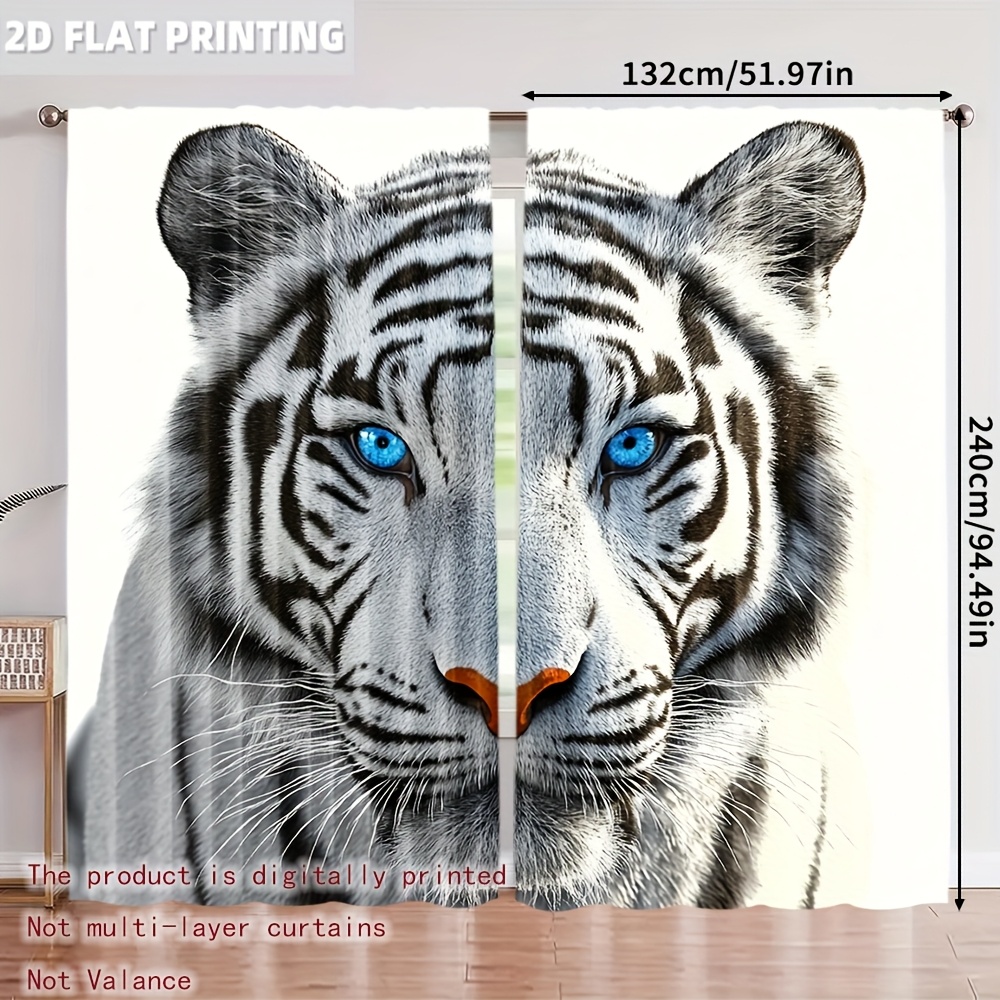 TEMU 2pcs Thermal Insulating Blackout Curtains - White Tiger Face Window Drapes With , Light Blocking & Energy Efficient Window Treatments For