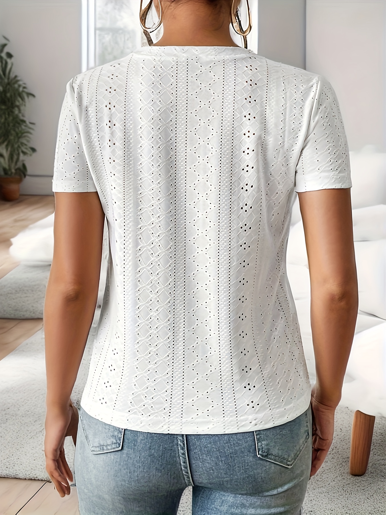 Eyelet Crew Neck T-Shirt, Casual Short Sleeve Top For Spring & Summer, Women's Clothing