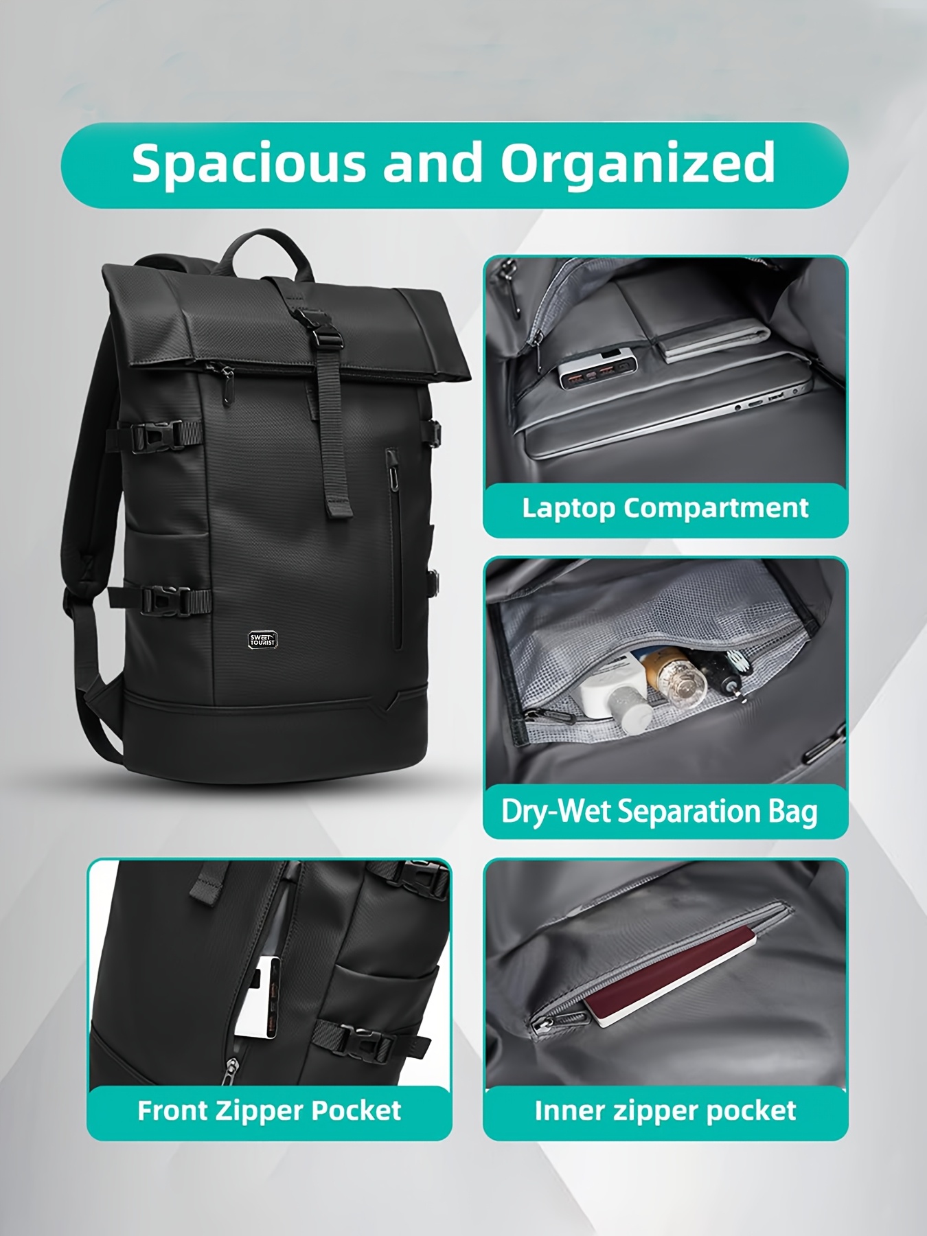 HANMARRY Men's Business Laptop Backpack - Heavy-Duty 39.62cm Computer Backpack, 15-in-1 Organizer, Padded Shoulder Straps & Locking System, High Quality for Work, Travel, School, Commute - Compatible with MacBook/Air/Pro/PC/Laptop - Sleek Black