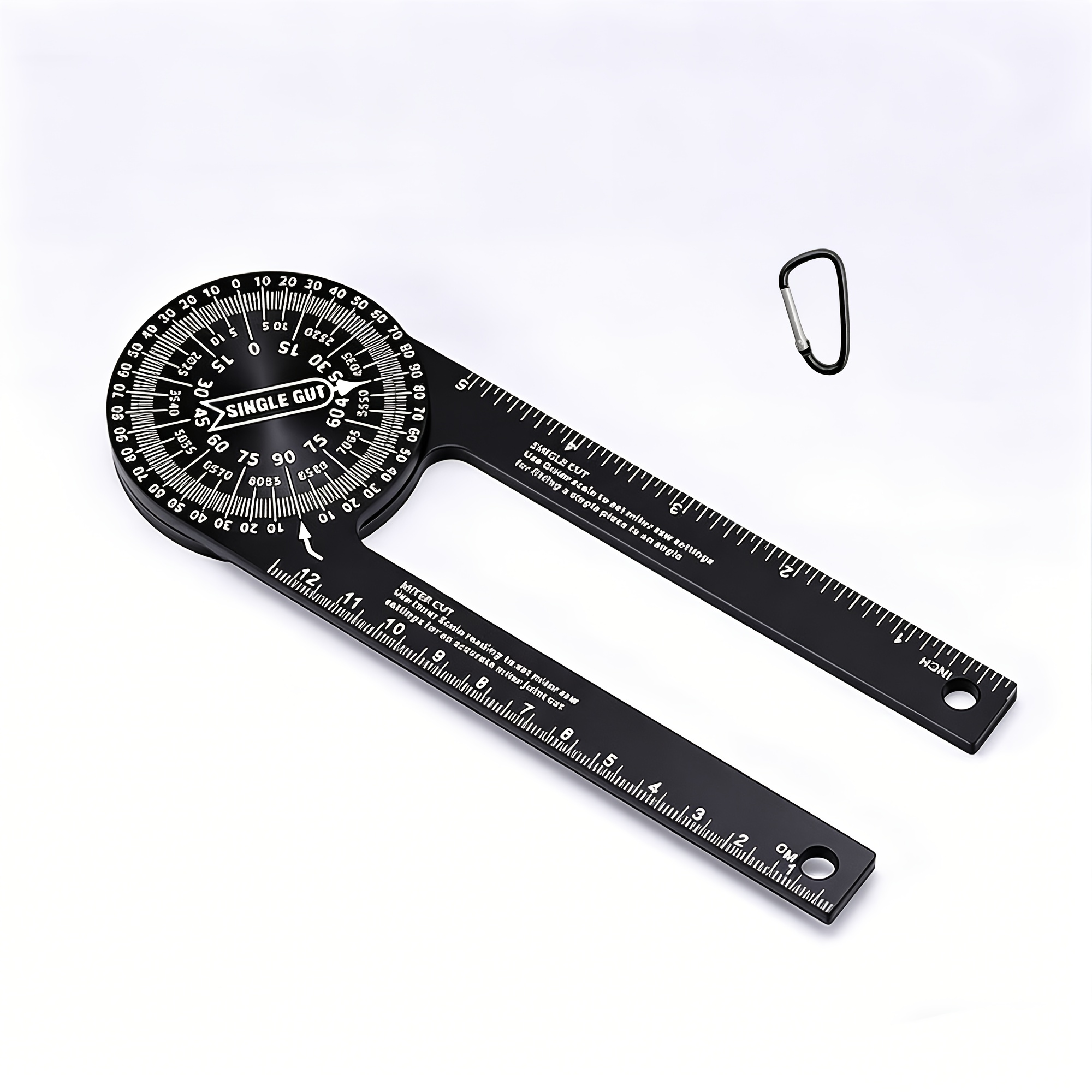 black woodworking protractor with dual imperial metric scales on   360 horizontal angle gauge   with a storage clip for easy carrying and storage can       for marking lines multi functional circle compass