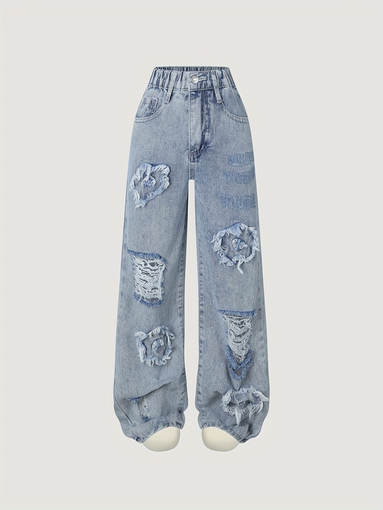 Girls' Distressed Heart Cutout Jeans Non-Stretch Straight-Leg Loose Fit  Long Pants with Zipper Closure, Frayed Hem Vintage Washed Look, Light Wash