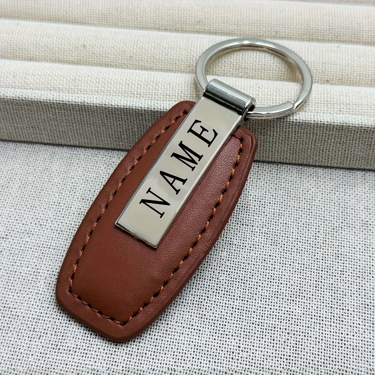 TEMU Customizable Pu Keychain With Stainless Steel Custom Logo, Name Key Ring, Car And Motorcycle Key Ring Pendant, Gift, Holiday Gift, Black, Brown,