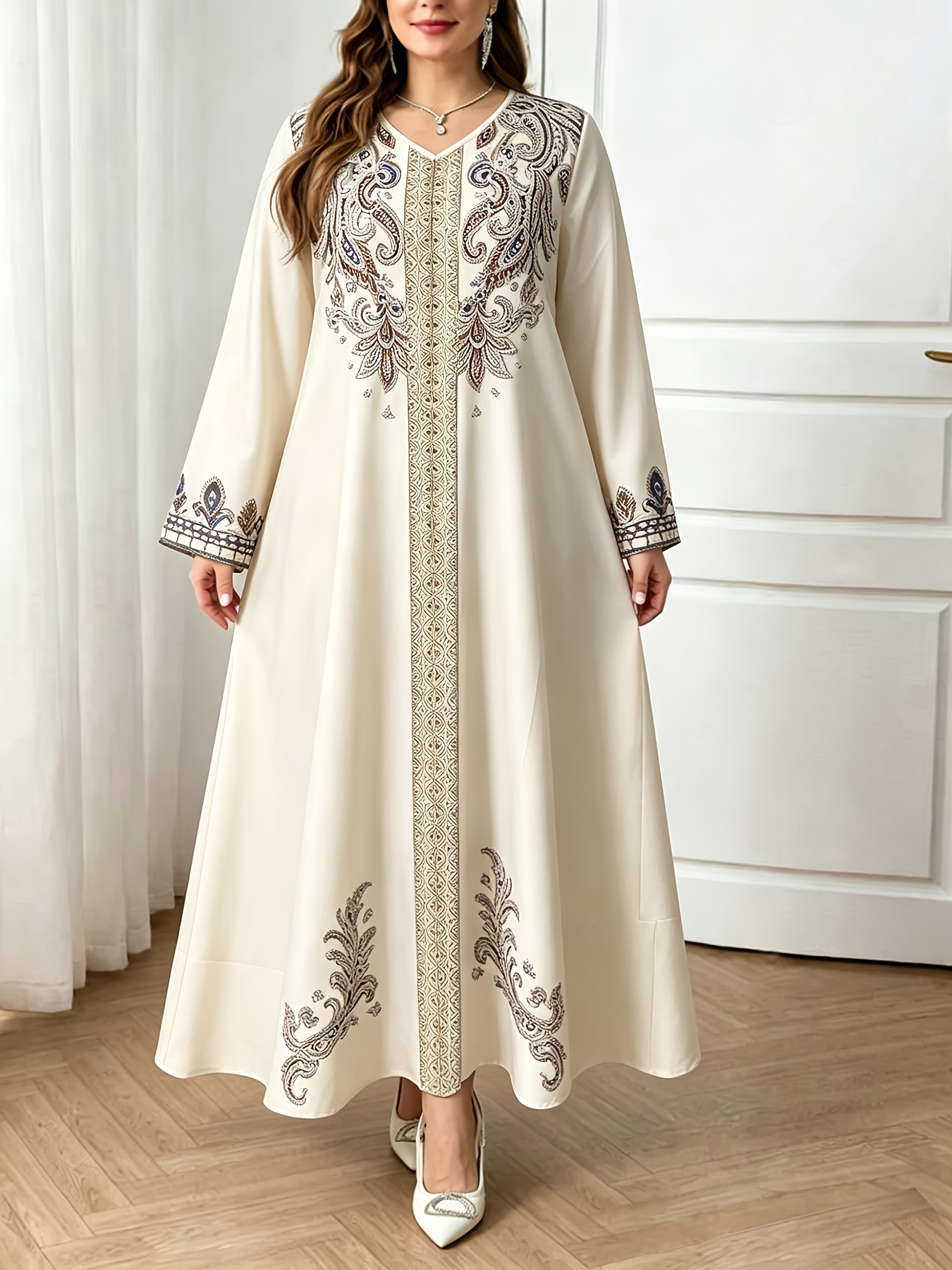 Color: Apricot Plus Size - Middle Eastern Elegant Robe Spring/Autumn New Plus Size Fashion Women'S Ethnic Print Temperament Commute Loose Comfortable Vacation Style Long Sleeve Dress 1