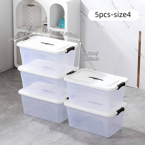 5pcs 6pcs set of lidded storage bins transparent white striped plastic storage boxes in multiple sizes with handles suitable for multi purpose storage of household items car trunk organization