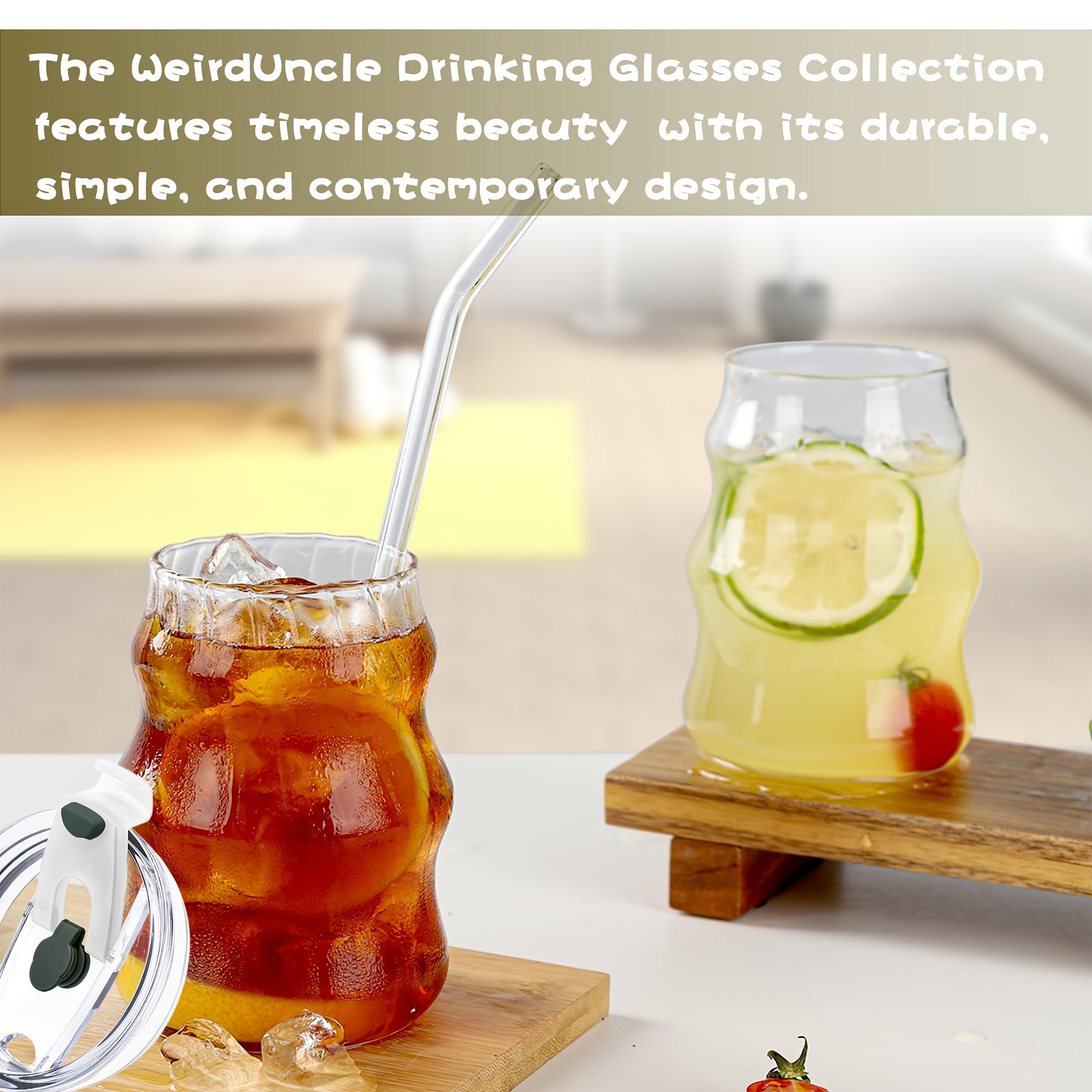 4 6pcs ldq ribbed glass cups with straw lid 18oz   drinking glasses for iced   water matcha juice   leak proof hand wash   accessories beverage serving wave pattern   hand   Product details 4