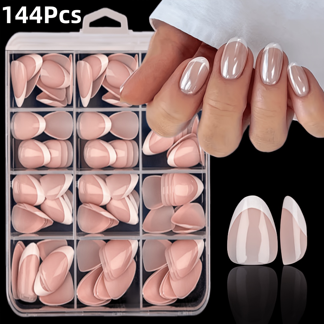 E-shop 144 Stück Kurze Ovale Aufdrückbare French Tip Aufkleber, 12 Größen French Fake Nails Kombination Set, Einfacher und Vielseitiger Stil Geeignet