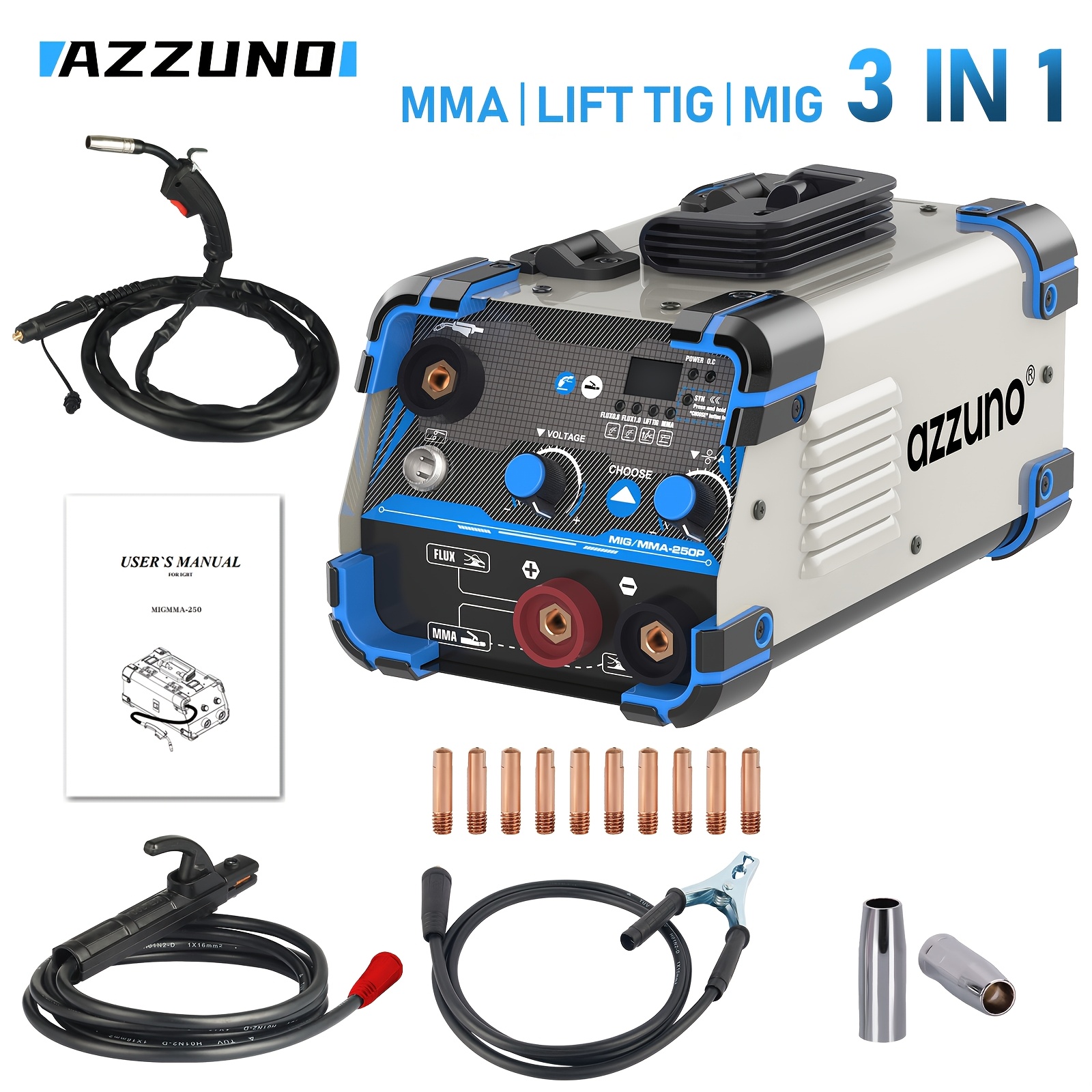 Image of Azzuno Mig/mma-250p Welder | 3-in-1 Mig/mma/lift Tig Multifunction Welder | Digital Display & Efficient Heat Dissipation | Portable Design Suitable For Home, Diy And Automotive Repair
