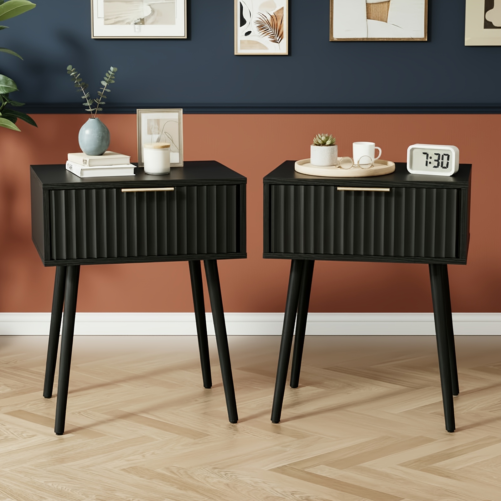 Bonnlo 19" Wide Mid-century Modern Nightstand With Drawer - Fluted Bedside Table, Mdf &, Space-saving End Table For Bedroom, No , Vertical Panel Doors Suitable For Bedroom, Small Spaces