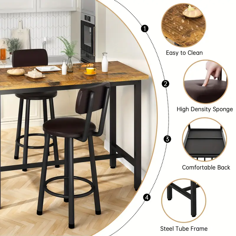 Juego De Mesa Y 2 Taburetes Altos De Cocina - Madera Y Acero Negro, Ideal Para Barras, Jardín O Interior