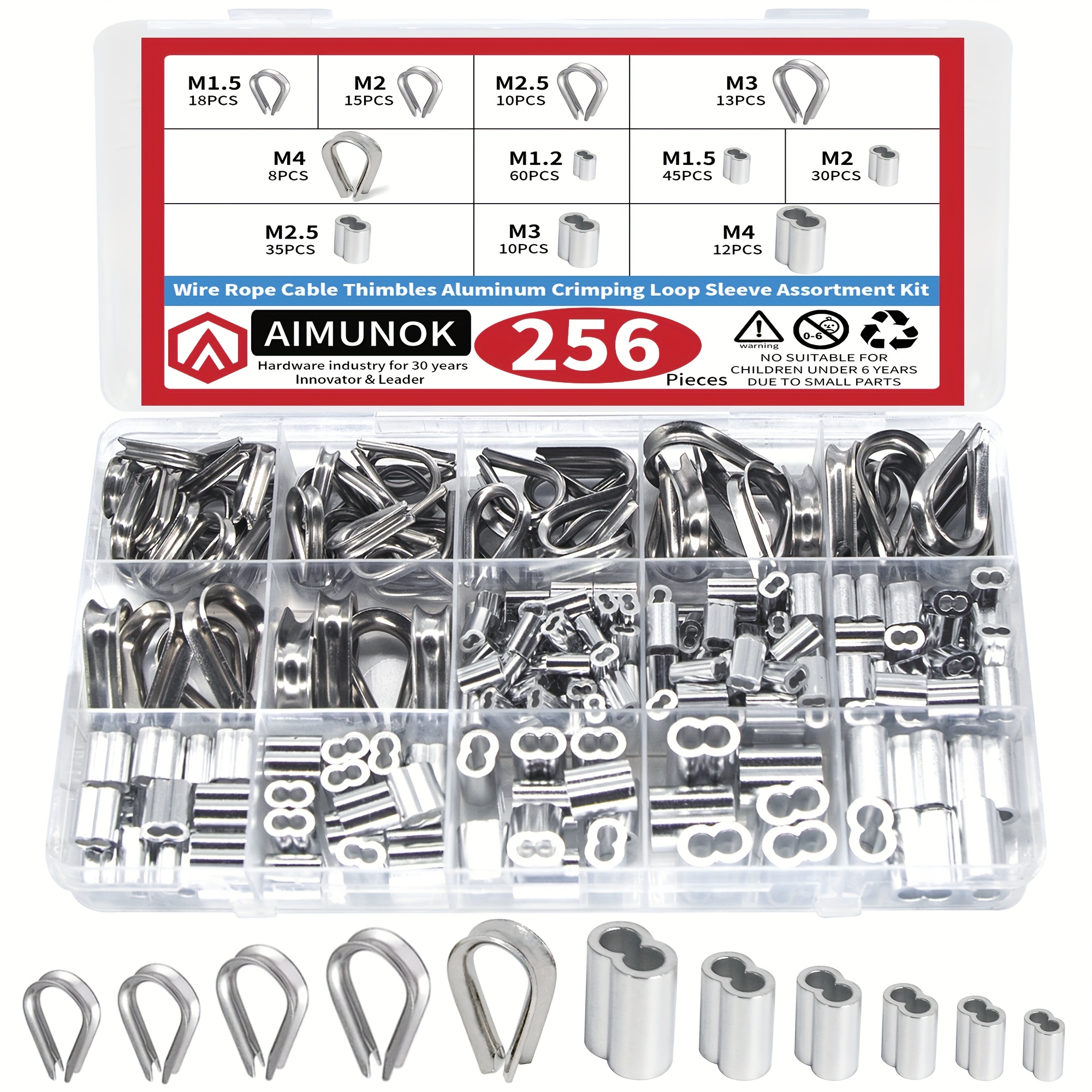 256pcs 304 Stainless Steel Wire Rope Cable Thimbles Combo And Aluminum Crimping Loop Sleeve Assortment Kit For Wire Rope Cable Thimbles Rigging