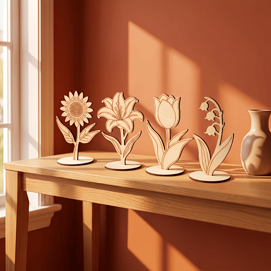 TEMU 5pcs (5 Sets) Handmade Wood Flower Decorations With Base - Wood Grain Diy Craft Suitable For Home Garden Wedding Birthday Party, Rustic Cottage