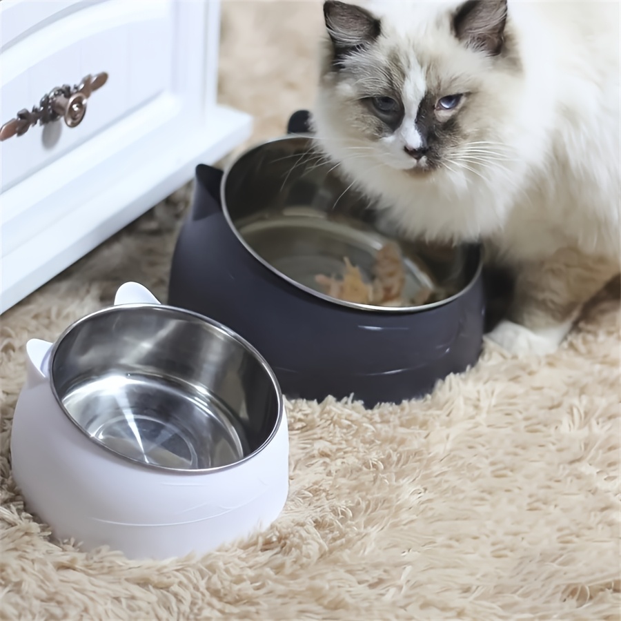 

1pc Elevated Stainless Steel Cat Bowl, 2-in-1 Food & Water Dish With Cute Ear Stand, Neck Protection Design For Cats