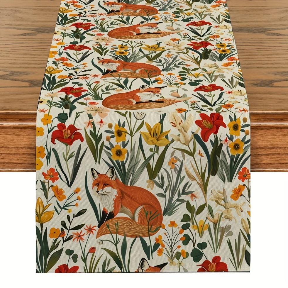 

1pc, Table Runner, Colorful Floral Fox Pattern Table Runner, Spring Theme Table Runner, Seasonal Kitchen Dining Table Decoration For Indoor, Party Decor