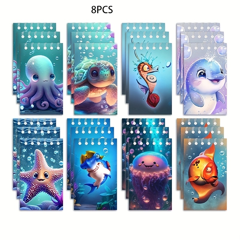 Image of Set Of 8 Small Notebooks Featuring Sea Creatures, Perfect As Ocean-themed Party Favors And Spiral Pocket Notepads For Birthday Celebrations