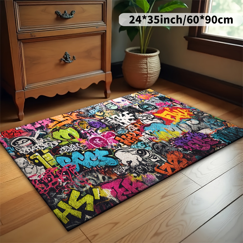 TEMU Velvet Street Graffiti Style Rug, Non-slip, Machine Washable, And Durable, Suitable For Entryway/entrance/kitchen/bedroom/living Room/game Room,