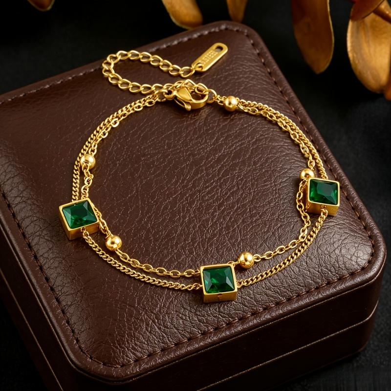 TEMU 304 Stainless Steel Golden Women'-layer Bracelet, Exquisite And Elegant Temperament Inlaid With Green Synthetic Zirconia Bracelet, Is A Women's