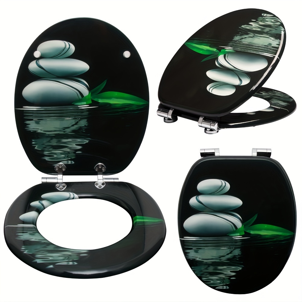 1pc Premium Toilet Seat With Automatic Lowering, Mdf Wooden Core, Soft Close Hinge, Antibacterial, Design Decor