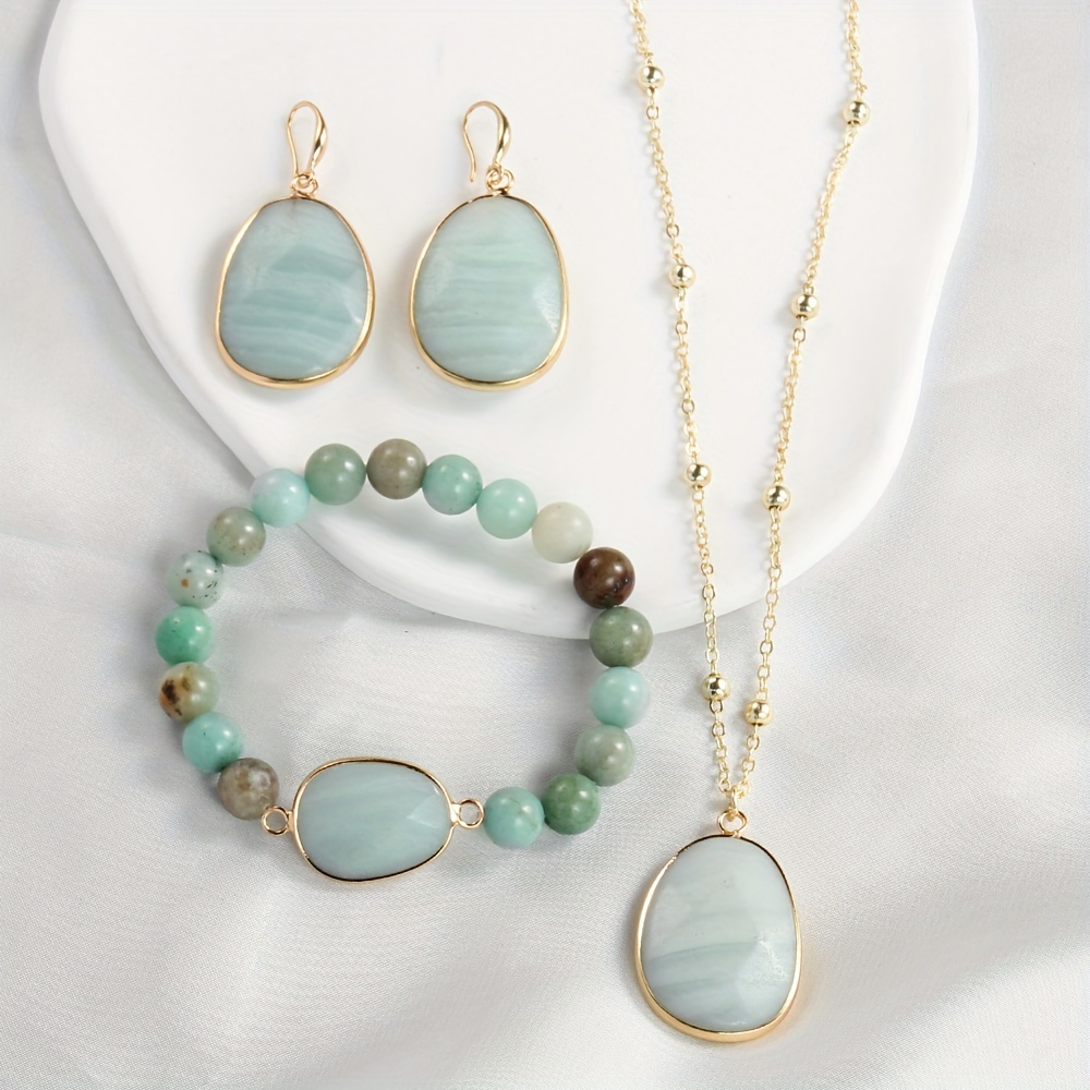

Spring And Summer Series Jewelry Set, Colorful Natural Gemstone Necklace Earrings And Bracelet Set, Short Style Choker Jewelry Set For Party And Vacation Wearing