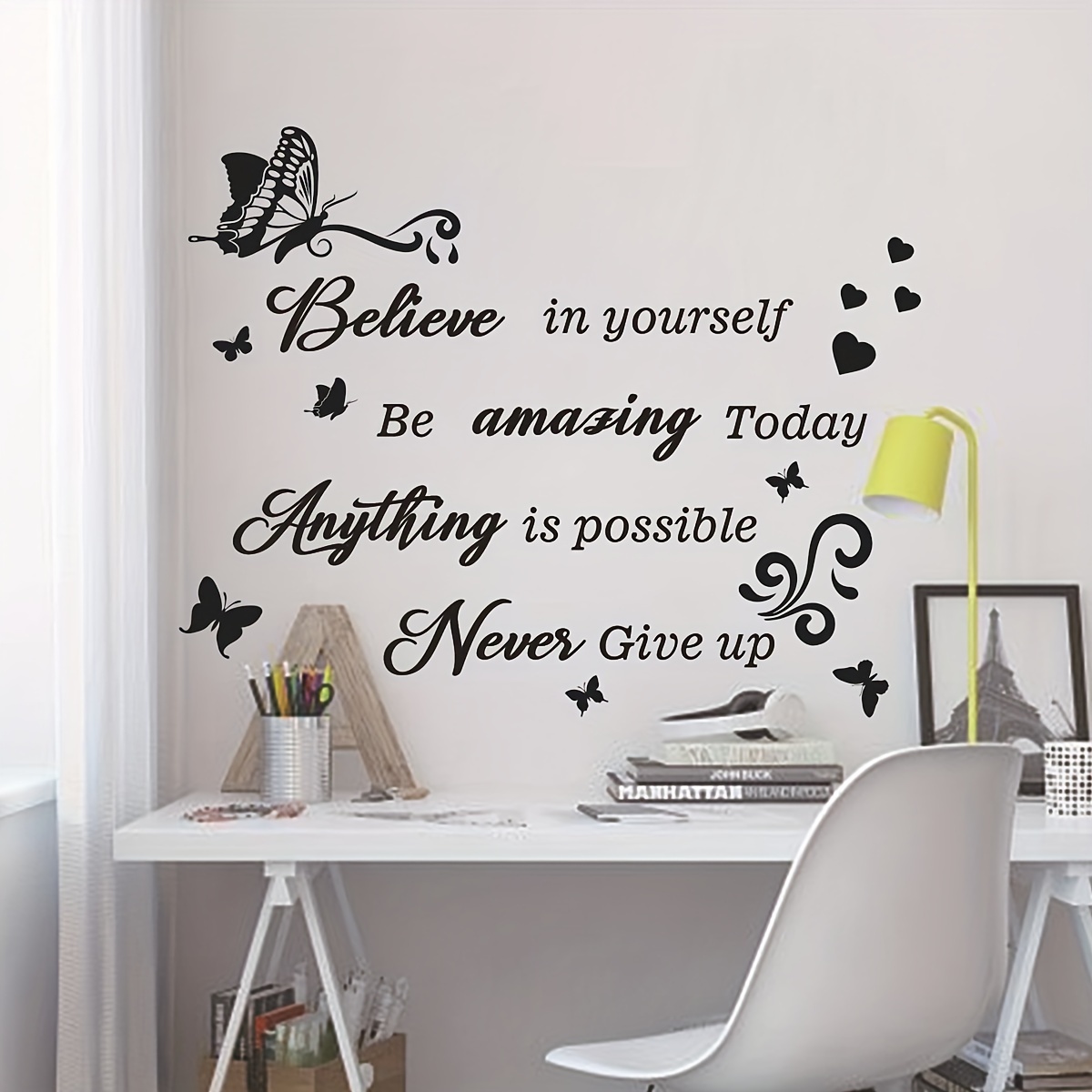 1pc inspirational quote wall decals black vinyl butterfly stickers believe in yourself never give up removable self adhesive decor for home office study room